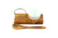 Egg Cup made of Olive Wood and Stainless Steel, Porcelain Dish, Egg Spoon